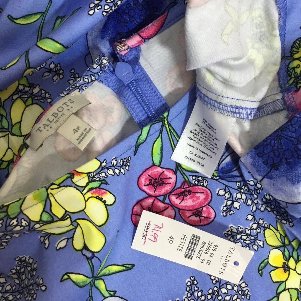 NWT Talbots fit ‘n flare 98% cotton dress light blue with floral 4P knee length - Picture 7 of 7